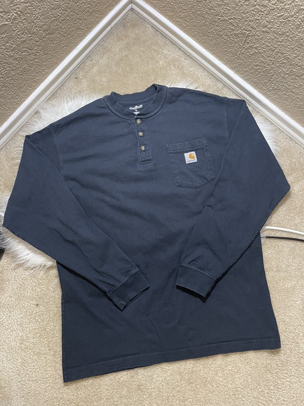 Carhartt Henley Long Sleeve Shirt Black Pocket Logo Cotton Workwear L